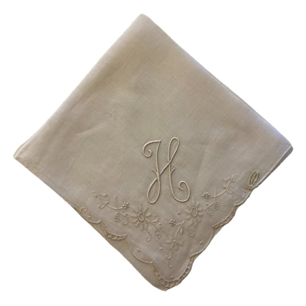 Vtg  Monogram "H" Ivory White Madeira Embroidered Wedding  13" Handkerchief